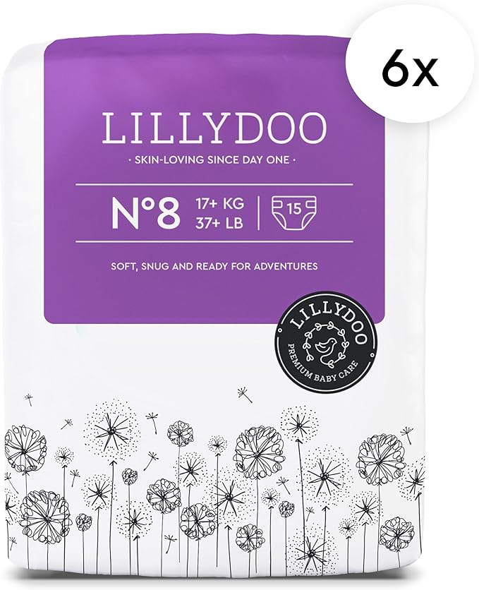 LILLYDOO Baby Diapers - Size 8 (37+ lbs), Monthly Supply (90 Count), Leak Protection, Skin-Friendly, Ultrasoft, Perfume- & Chlorine-Free, Hypoallergenic, Dermatologist Tested, Oeko-TEX®