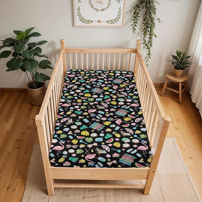 Surf Beach Summer Baby Crib Sheets for Boy Girl 28"x52" Flamingo Tropical Leaves Floral Fruits Soft Stretchy Fitted Crib Mattress Cover Beach Party Vacation Baby Sheet for Crib & Toddler Bed Mattress