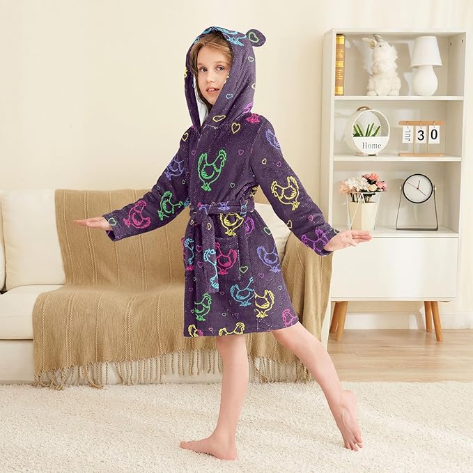 Toddler Baby Hooded Bathrobe for Boys Girls Soft Plush Bath Towel Robe with 2 Pockets for 2-12 Years