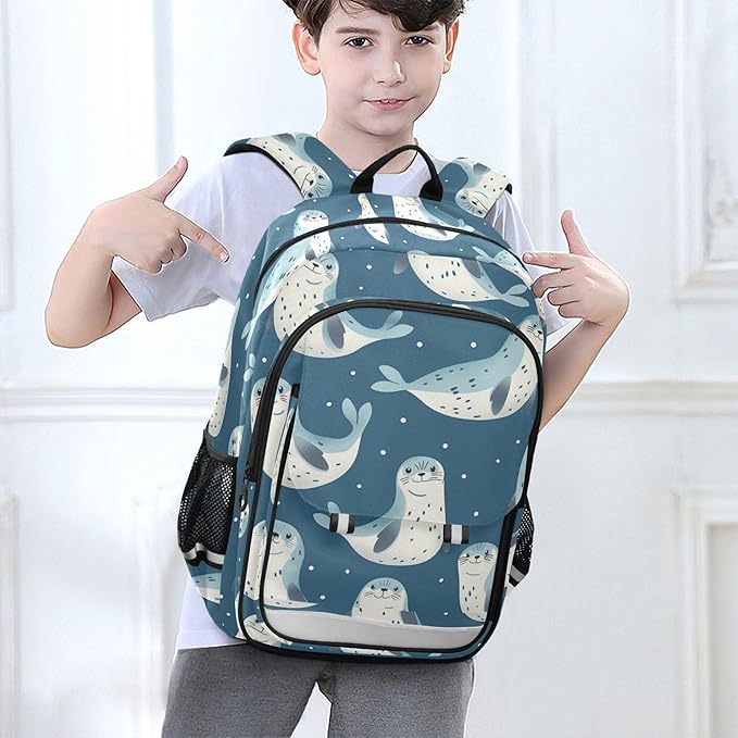 Jucciaco Seal Cartoon School Backpack Laptop Travel Backpack for Kids Girls Boys, Computer Notebooks Bookbag with Reflective Stripes