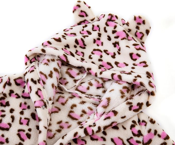 Kids Toddler Cartoon Hooded Plush Robe Leopard Pajamas Fleece Bathrobe Children Sleepwear