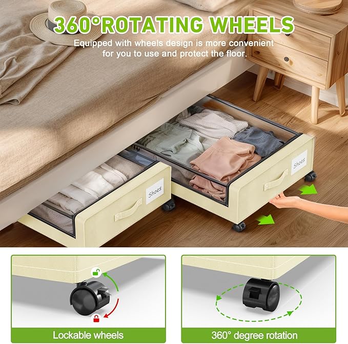 Molutsody Under Bed Storage with Wheels, 2-Pack Underbed Storage Containers with Clear Lids, Under Bed Shoe Storage Organizer, Rolling Under Bed Storage for Clothes Shoes Blankets (Beige)