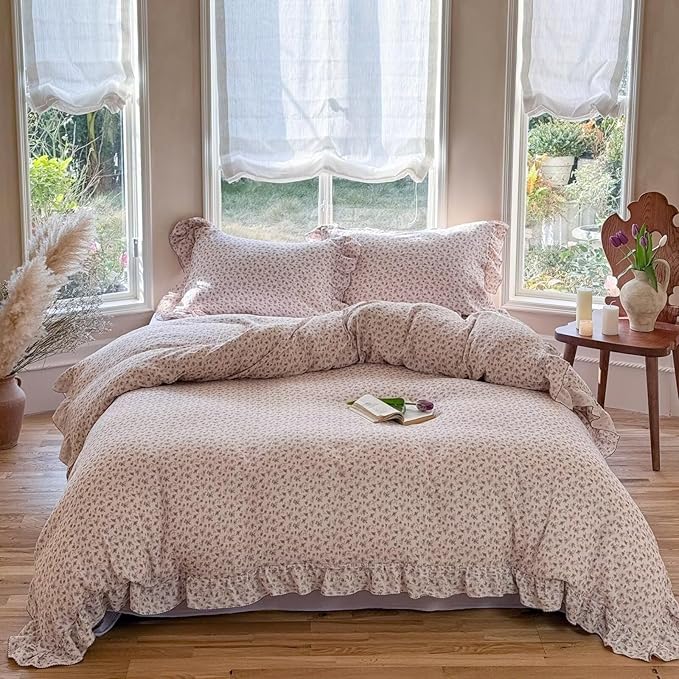 BuLuTu Purple Floral Kids Teens Duvet Cover Full, Cotton Muslin Quilt Cover Chic Cottage Bedding Ruffles Comforter Covers with Zipper Closure, No Pillow Cases, Soft Breathable