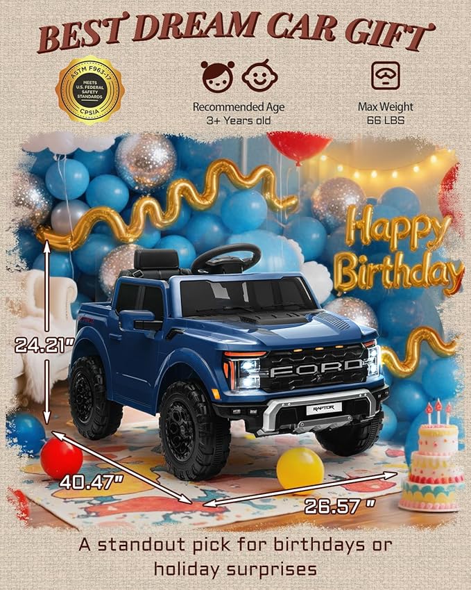 First Ride On 12V Electric Car for Kids, Licensed Ford F-150 Raptor Toddler Ride on Toys with Remote Control, Kids Ride on Truck with Smooth Start, Truck Bed Storage, Bluetooth (Blue)