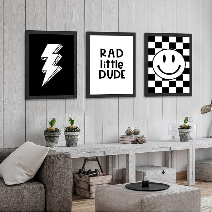 arfitest Boy's Room Wall Art Children's Canvas Wall Decoration Black Checkered Smiling Face Poster Picture Retro Game Room Bedroom Art Print 12x16 inch Frame 3-Piece Set