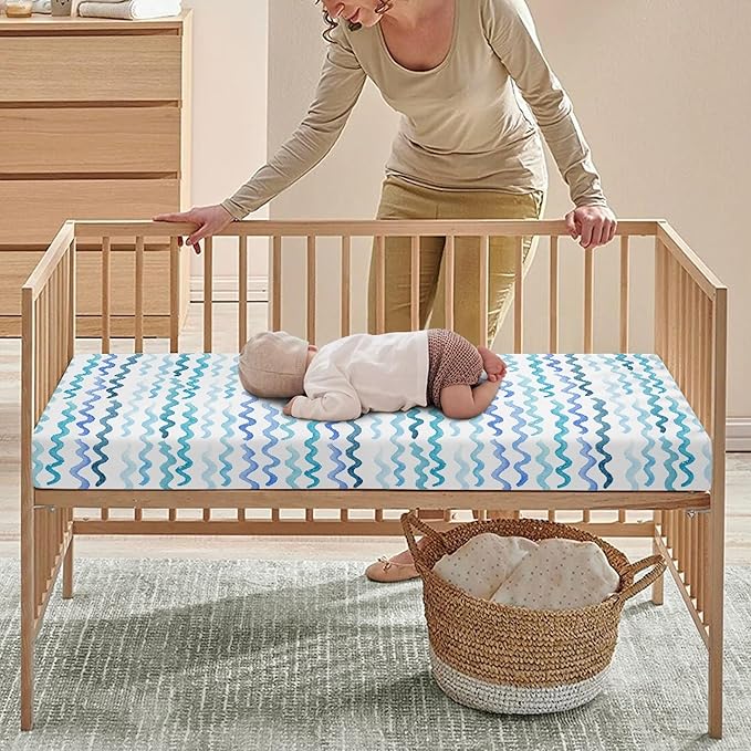 Blue Wave Fitted Crib Sheet for Boys Girls Nautical Pastel Colored Ocean Sea Waves Baby Sheet for Standard Crib and Toddler Cute Curve Nursery Bed Mattress Sheets 28"x52"