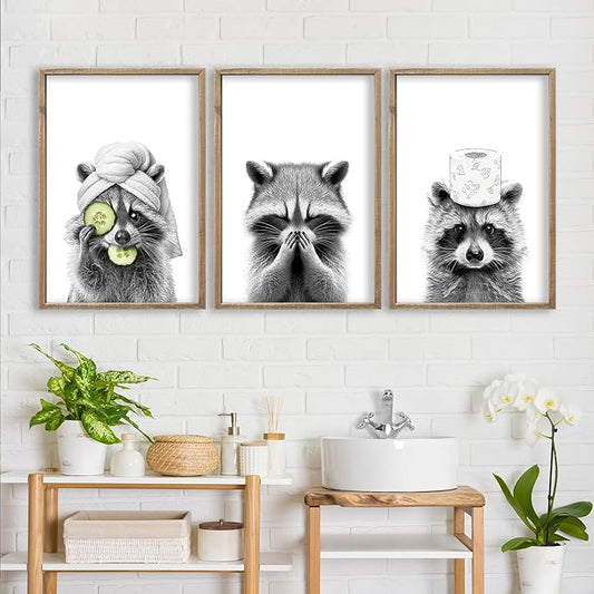 Funny Raccoon Bathroom Wall Decor Art 16x11 Inch Set of 3 Fun Bathroom Modern above the Bathtub Sign Rustic Restroom Farmhouse Cute Washroom Animal Prints Wood Framed Wall Hanging (Wood)