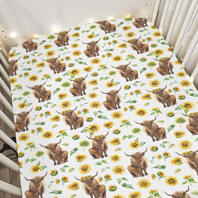 Highland Cow Sunflowers Baby Crib Sheets for Boy Girl 52"x28" Highland Cattle Yak Floral Soft Snug Fitted Crib Mattress Cover Farmland Animal Baby Sheet for Standard Crib & Toddler Bed Mattress
