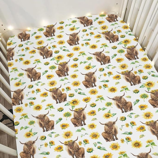 Highland Cow Sunflowers Baby Crib Sheets for Boy Girl 52"x28" Highland Cattle Yak Floral Soft Snug Fitted Crib Mattress Cover Farmland Animal Baby Sheet for Standard Crib & Toddler Bed Mattress