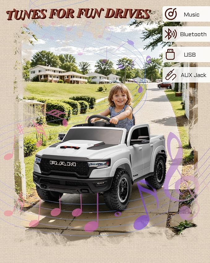 First Ride On Licensed Ram 1500 RHO 12V Kids Ride on Truck, Toddler Ride on Toys with Remote Control, Children Electric Vehicles with Truck Bed Storage, Smooth Start, Music, Bluetooth (White)