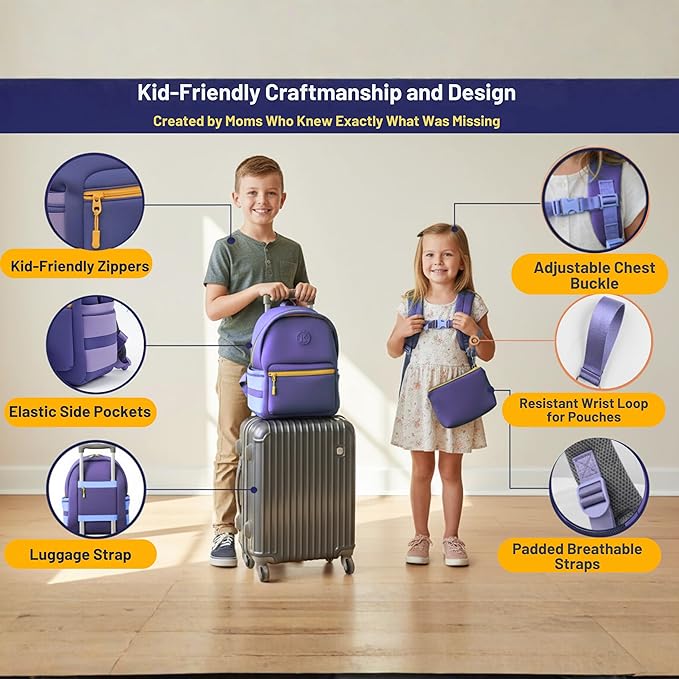 Kaywee 3pc Neoprene Kids Travel Backpack SET| 2 zipper pouches | Preschool backpack with AirTag holder for kids |Purple Toddler Girl Backpack toddler backpack for girls daycare essentials