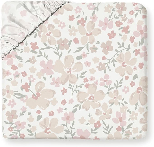 MakeMake Organics Organic Full Fitted Sheet Set GOTS Certified Organic Cotton Fitted Sheet with Pillowcase Ultra Soft Non Toxic Breathable Flowers Peach Pink Girls Room (Full, Blossom)