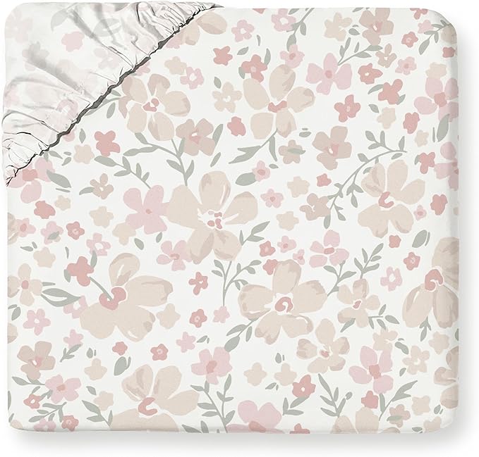 MakeMake Organics Organic Queen Fitted Sheet Set GOTS Certified Organic Cotton Fitted Sheet with Pillowcase Ultra Soft Non Toxic Breathable Flowers Peach Pink Girls Room (Queen, Blossom)