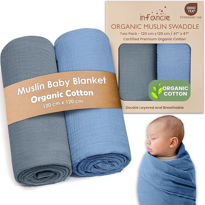 Organic Cotton Muslin Baby Blanket - 47x47 Inch Breathable Swaddle, Hypoallergenic Double-Layer, Versatile Use (Slate/Aquarius, 47x47 Inch)