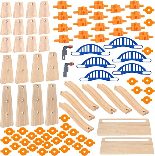 ORBRIUM Wooden Train Tracks Construction Mega Bundle – 273 Pc Elevated Building Toy with Bridges, Crane, Station, Tunnel & Gate – STEM Montessori Toys Fits Thomas, Brio & More