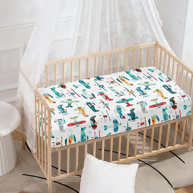 Airplane Fitted Crib Sheet for Boys Girls Cute Airplanes Baby Sheet for Standard Crib and Toddler Colorful Stars Clouds Nursery Bed Mattress Sheets 28"x52"