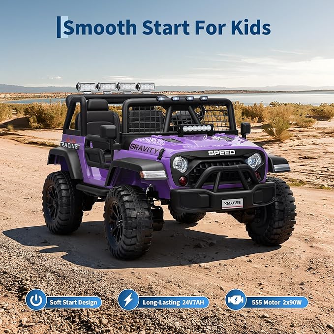 24V 2-Seater Kids Electric Truck with Parent Remote Control, 100Min Ride-on Car, 4WD Dual Motor, 2 Speeds, Spring Shock Absorber, LED Headlights, Siblings Gift Kids Electric Vehicle, Purple