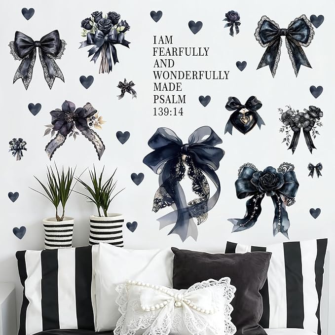 Black Bow Wall Stickers Watercolor Inspirational Bowtie Art Decor for Girls Bedroom Bows Bridal Shower Party Decals for Backdrop Peel and Stick Coquette Bible Art Vinyl Decal for Kids Baby Bedroom