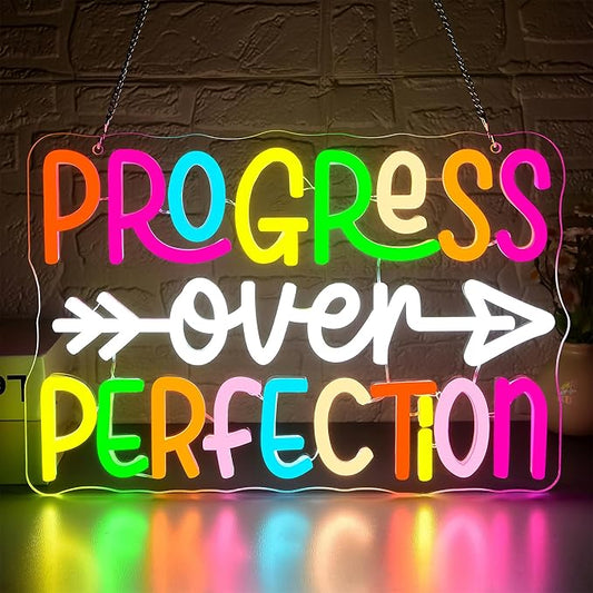 Progress Over Perfection Neon Sign for Wall Decor Dimmable Inspirational LED Neon Light for Classroom Decor Affirmation Positive Wall Art for Mental Health Gym Office Study Size 13.9 * 9.4in(GLNP242)