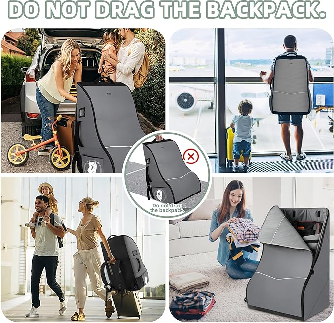 DerBiedersinn Car Seat Travel Bag for Airplane – Waterproof Heavy Duty Carseat Backpack for Gate Check or Airport Travel – Fits Infant, Convertible & Booster Seats, Dark Grey