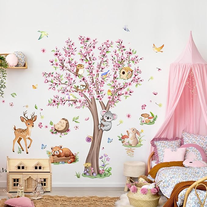 Cherry Blossom Tree Animals Wall Decals Pink Flower Tree Wall Stickers Peel and Stick Deer Squirrel Small Animals Decor for Girls Bedroom Living Room Nursery Playroom Classroom Decor