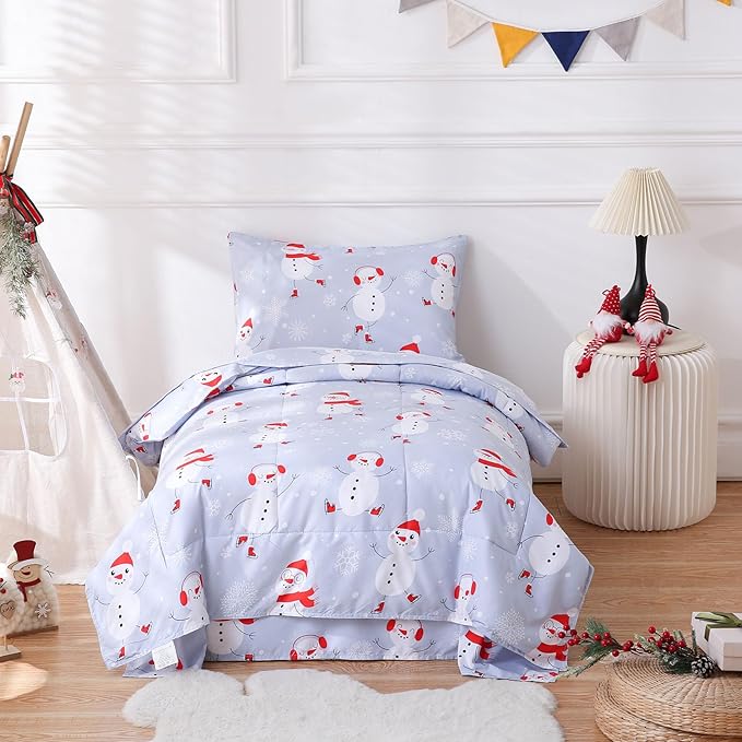 JSD Blue Snowman Toddler Bedding Set, 4 Piece Christmas Winter Toddler Microfiber Comforter Sheet Set, Lightweight Breathable