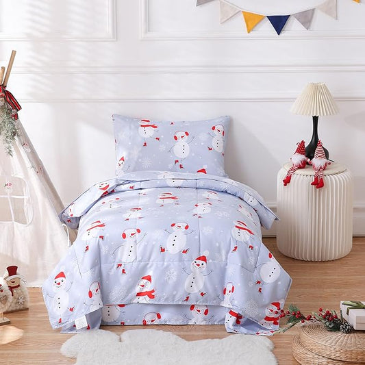 JSD Blue Snowman Toddler Bedding Set, 4 Piece Christmas Winter Toddler Microfiber Comforter Sheet Set, Lightweight Breathable