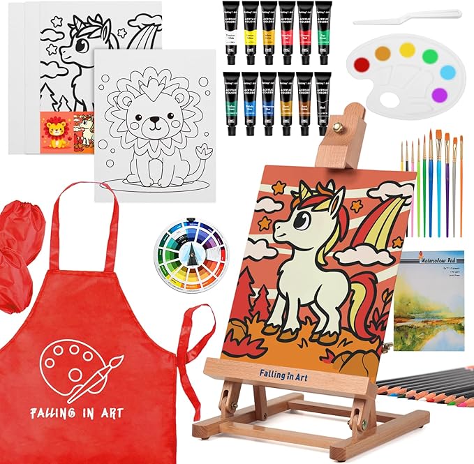 Falling in Art 52Pcs Acrylic Paint Set with Table Easel, Art Painting Kit with Acrylic Paints, Canvas Panels, Paintbrushes, Canvas Supplies Kit for Kids, Adults, Beginners, and Artists, Red