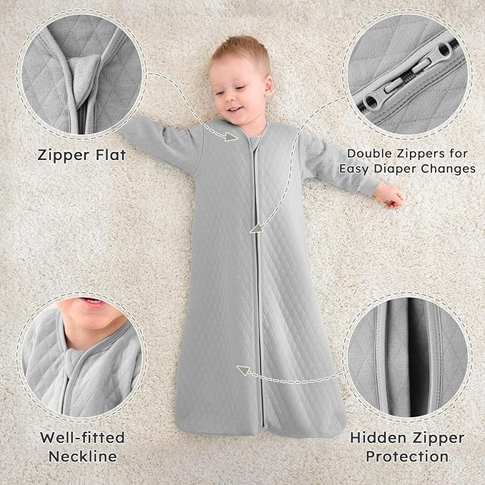Yoofoss Baby Sleep Sack 0-6 Months 1.0 Tog Long Sleeve Sleep Sack Organic Cotton Wearable Blanket for Newborns 2-Way Zipper Quilted Sleeping Sacks(Small)