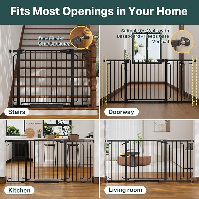 Cumbor 36.6-64" Extra Wide Baby Gate for Stairs, Dog Gates for Doorways, Auto-Close Pet Gate Indoor, Pressure Mounted Walk Through Safety Child Gate for Kids Toddler, Tall Pet Puppy Fence Gate, Black