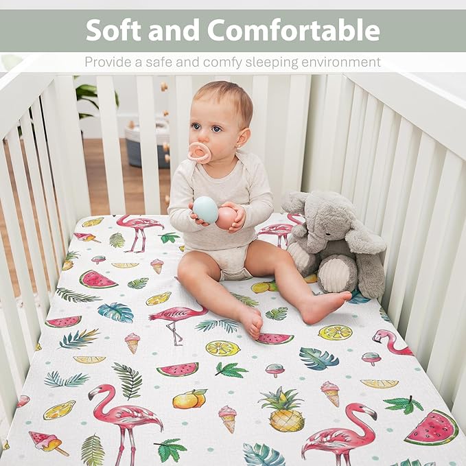Pink Flamingo Tropical Flowers Leaves Baby Crib Sheets for Boy Girl 28"x52" Summer Birds Fruits Soft Snug Fitted Crib Mattress Cover Beach Vacation Baby Sheet for Standard Crib & Toddler Bed Mattress