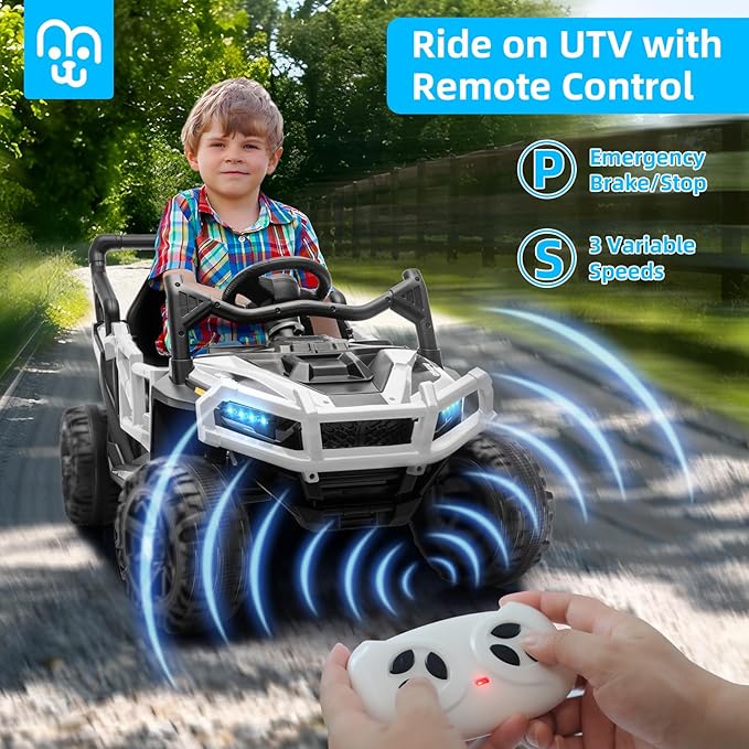 24V Kids Ride on Truck Car Remote Control, Twin 55W Motors 4MPH Max Speed Off-Road UTV, Bluetooth Music, Suspension System Safety Belt, Electric Vehicles Gift for Boys & Girls-White