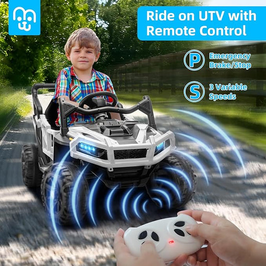 24V Kids Ride on Truck Car Remote Control, Twin 55W Motors 4MPH Max Speed Off-Road UTV, Bluetooth Music, Suspension System Safety Belt, Electric Vehicles Gift for Boys & Girls-White