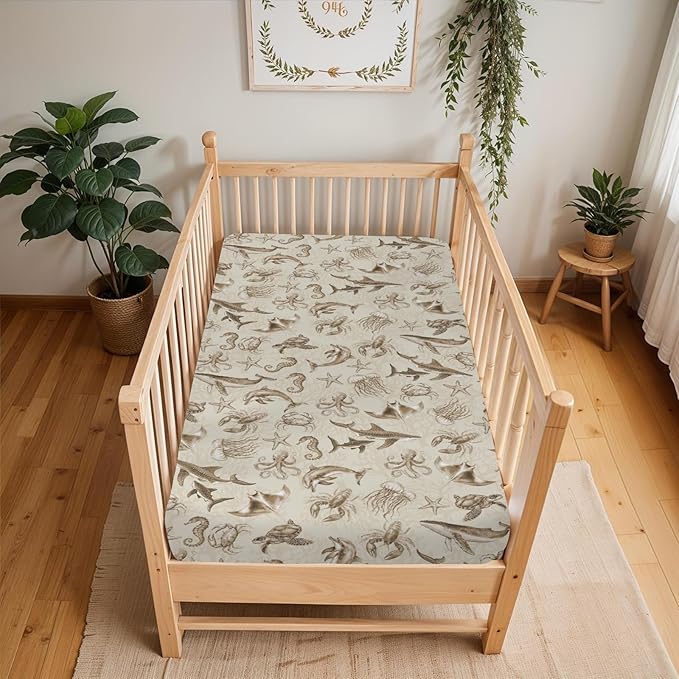 Retro Marine Animals Baby Crib Sheets Boy Girl 28"x52" Whale Dolphin Jellyfish Sea Horse Turtle Coral Soft Snug Fitted Crib Mattress Cover Ocean Animal Baby Sheet for Standard Crib & Toddler Mattress