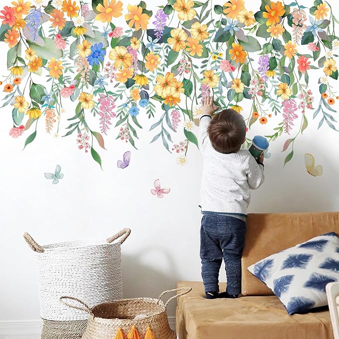 Buiory Removable Flower Plants Wall Decals Hanging Vine Floral Wall Stickers Peel and Stick Flower Butterfly Stickers for Baby Nursery Girls Bedroom Living Room Wall Decor
