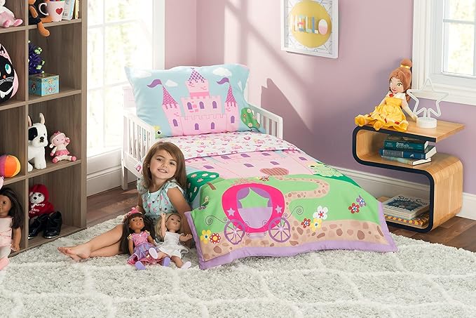 EVERYDAY KIDS 4 Piece Toddler Bedding Set -Princess Storyland- Includes Comforter, Flat Sheet, Fitted Sheet and Reversible Pillowcase