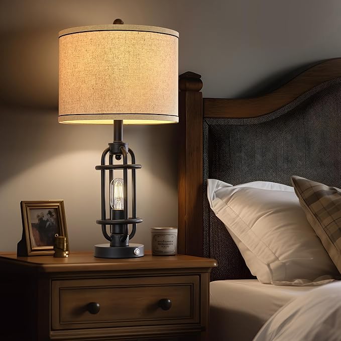 G-SAFAVA 23.75'' Industrial Black Metal Table Lamps Living Room Lamp for Nightstand Bedroom lamp Single Bedside End Side Table Lamps Home Decor Touch Lamp Modern Lamps with USB Ports, Bulbs Included