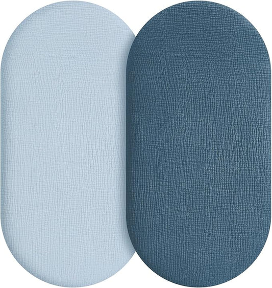 Muslin Bassinet Sheets Boy Girl, 100% Cotton Fitted Bassinet Sheet Set 2 Pack Bassinet Mattress Sheets Universal Fit for Rectangle, Round, Oval, Hourglass Mattress, Soft Breathable