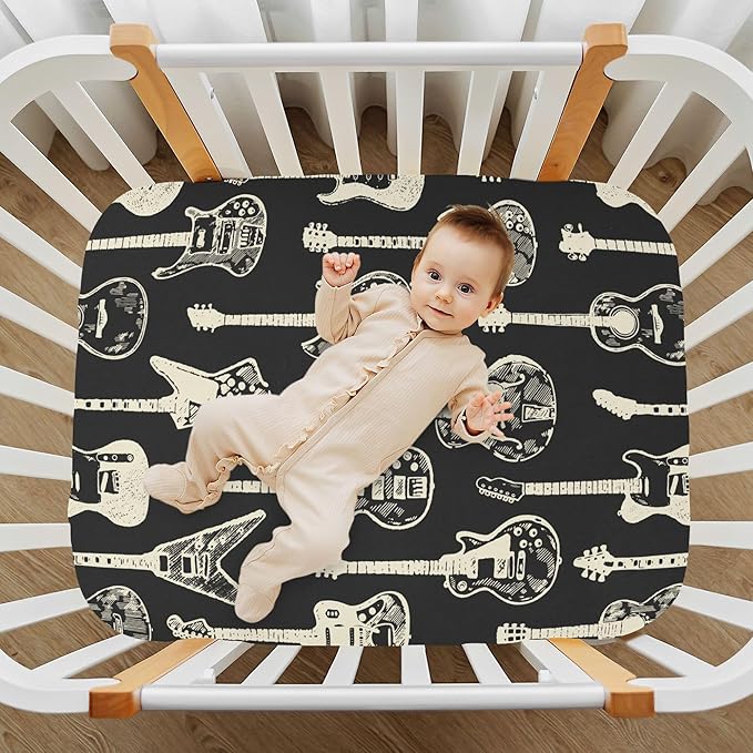 Black Guitar Music Crib Sheets Soft Breathable Fitted Baby Crib Sheets Mattress Cover for Girl Boys, 52" x 28" x 9"