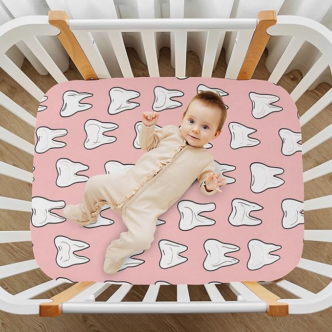 Cute Dental Teeth Crib Sheets Soft Breathable Fitted Baby Crib Sheets Mattress Cover for Girls Boys, 52" x 28" x 9"