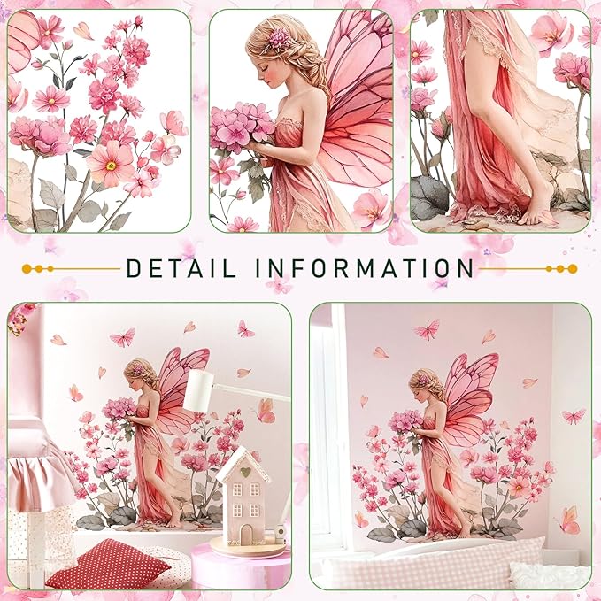 DRWSSR Removable Cartoon Pink Butterfly Elf Girl Decals Fairy Wall Decals DIY Pink Flowers Green Leaf Wall Stickers Peel and Stick for Girls Room Nursery Living Room Bedroom Bathroom Playroom Decor