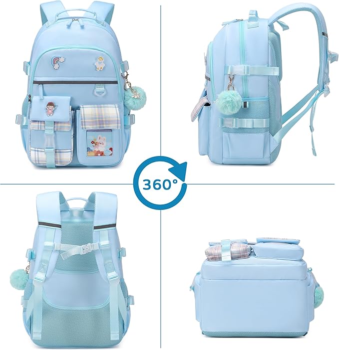 KIDNUO Backpack for Girls, 15.6 Inch Laptop School Bag Kids Kindergarten Elementary College Backpacks Large Bookbags for Teen Girl Women Students Casual Travel Daypacks (Blue)