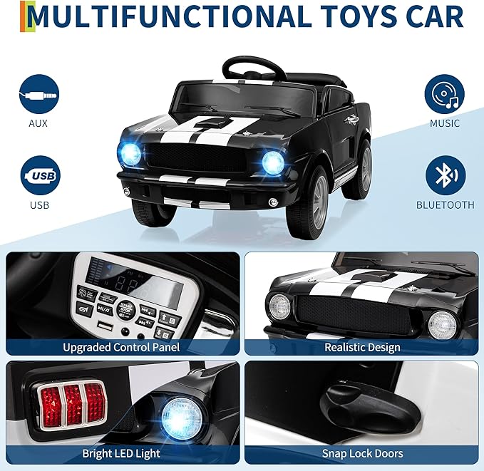 12V Ride on Car for Kids, Licensed Shelby GT350 Electric Toy with Parent Remote Control, 3 Speeds, LED Headlights, Music & Safety Belt for Toddlers