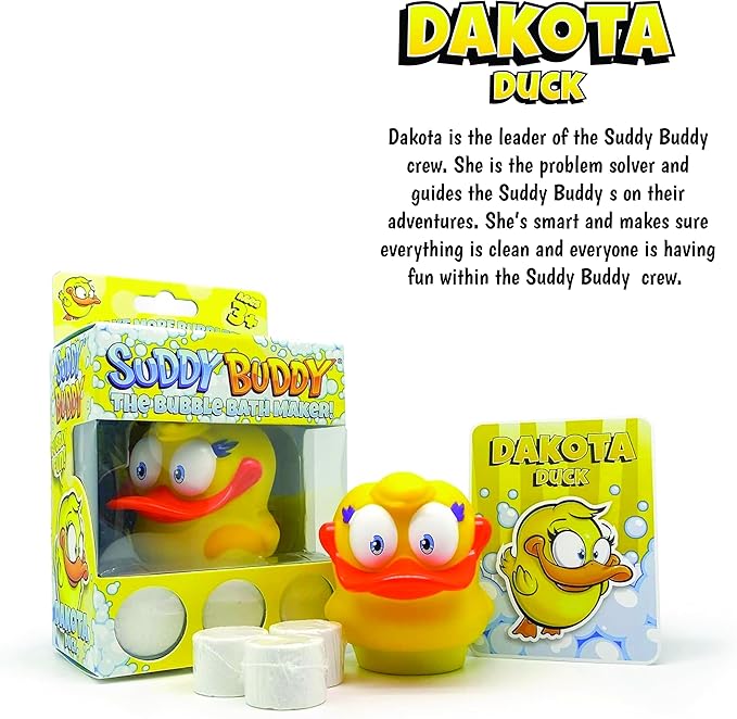 Suddy Buddy® Bubble Bath Toy, Kids Ages 3+, Boys and Girls, Safe & Clean, Collect All Four. Includes: 1 Character Bubble soap Dispenser, 1 Trading Card, and 3 Super Bubble Drops. Duck