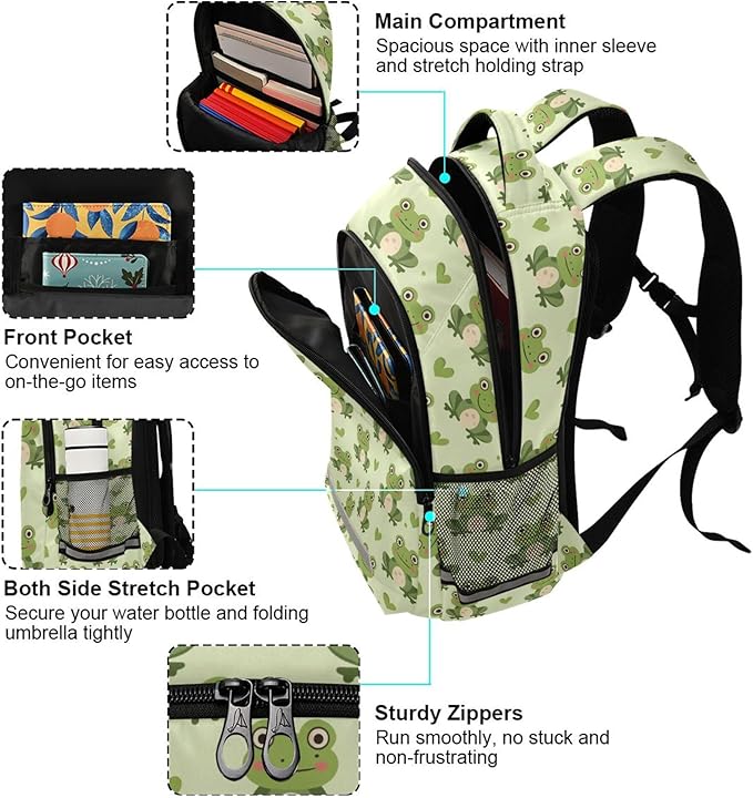 MNSRUU Laptop Backpack with Chest Strap, Frog School Backpack, Travel Hiking Backpack for Boys Girls Teen Adult, Rucksack, Knapsack