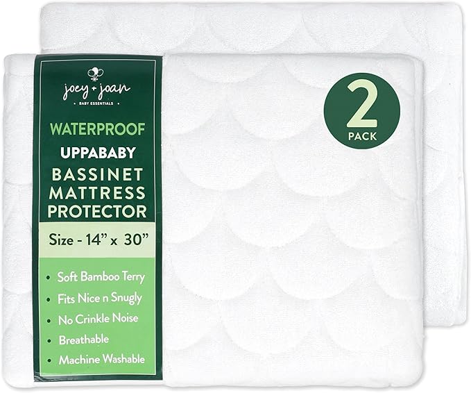 Joey + Joan Waterproof Bassinet Mattress Pad Cover Compatible with UPPABABY Stroller Bassinet – 2 Pack Quilted Mattress Protector Made from Ultra Soft Bamboo Viscose Terry – 14" x 30"