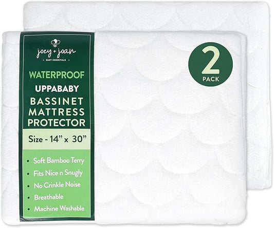 Joey + Joan Waterproof Bassinet Mattress Pad Cover Compatible with UPPABABY Stroller Bassinet – 2 Pack Quilted Mattress Protector Made from Ultra Soft Bamboo Viscose Terry – 14" x 30"