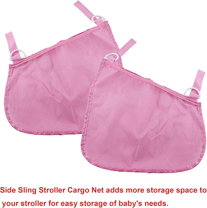 Anglepingping 2 Pack Universal Side Sling Stroller Cargo Net, Non-Slip and Adjustable Straps Storage Mesh Bag,Portable Mesh Storage Organizer (Pink)