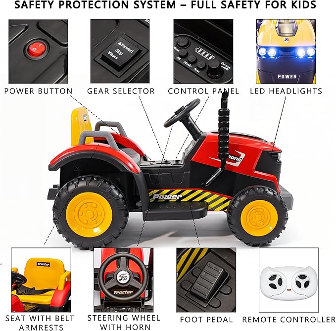 12V Kids Ride On Tractor with Parental Remote, Battery Powered Electric Farm Vehicle with Forward/Reverse, Lights, Music, Bluetooth, Dual Motors, Safe Speed, Outdoor Toy Car for Kids Ages 2-6