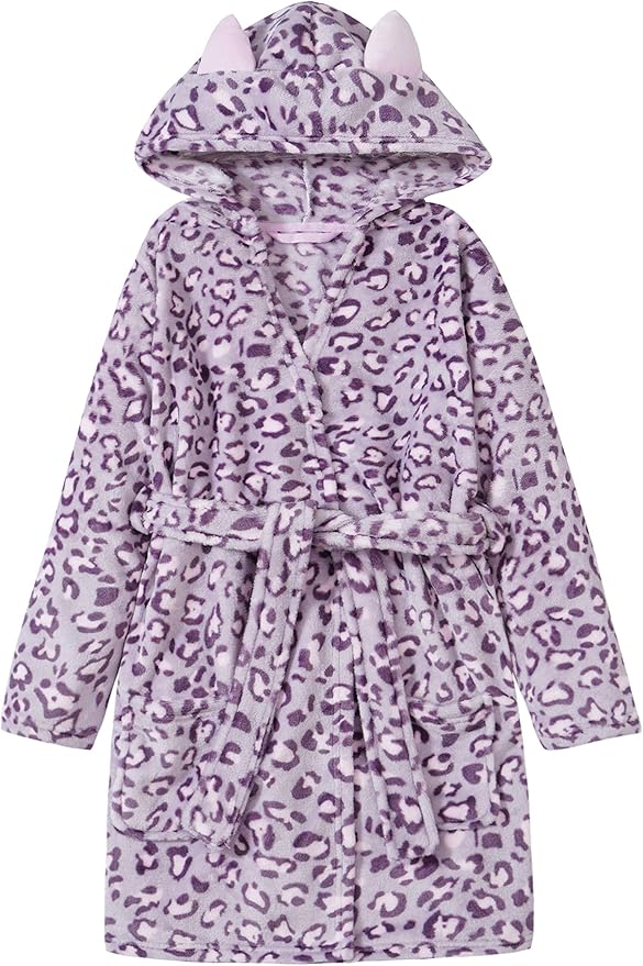 Topgal Leopard Cat Robe for Girls Fleece Toddler Kids Teen Hooded Bathrobe Size 4T-18